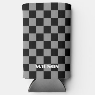 personalized name gray and black checkered seltzer can cooler