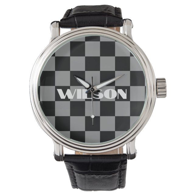 personalized name gray and black checkered  watch (Front)