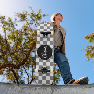 Personalized Name gray and white Checkerboard  Skateboard