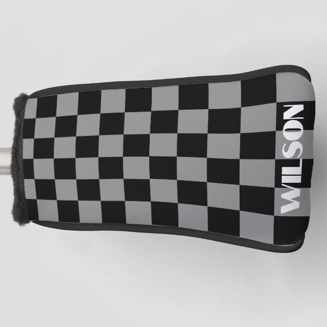 Personalized name gray &black checkered  golf head cover (Front)