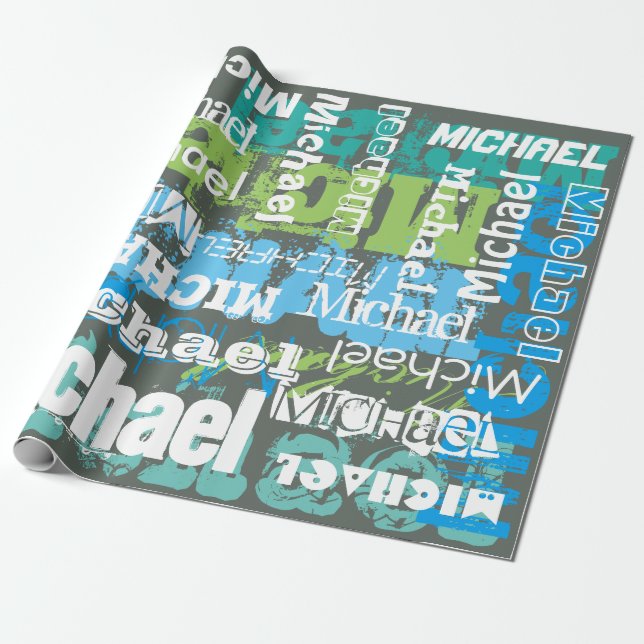 Personalized Name Gray Blue Green Subway Art Wrapping Paper (Unrolled)