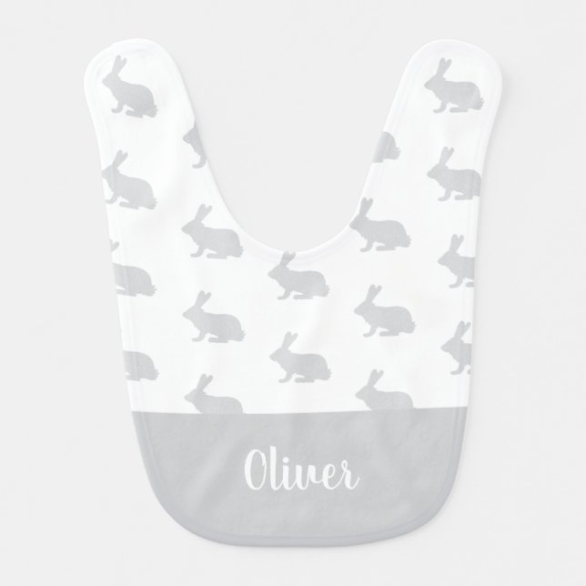 Personalized name gray bunny rabbit baby baby bib (Front)