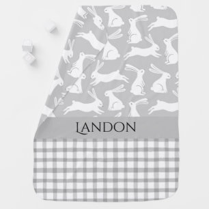 Personalized Name Gray Gingham Plaid Bunny Rabbits Baby Blanket
