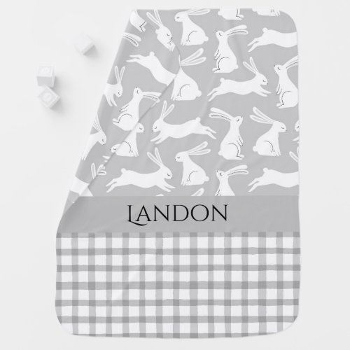 Personalized Name Gray Gingham Plaid Bunny Rabbits Baby Blanket