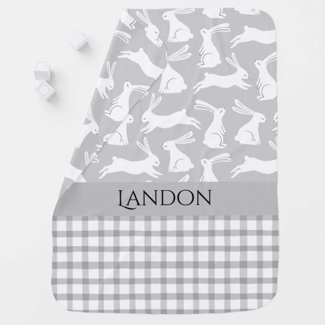 Personalized Name Gray Gingham Plaid Bunny Rabbits Baby Blanket (In Situ)