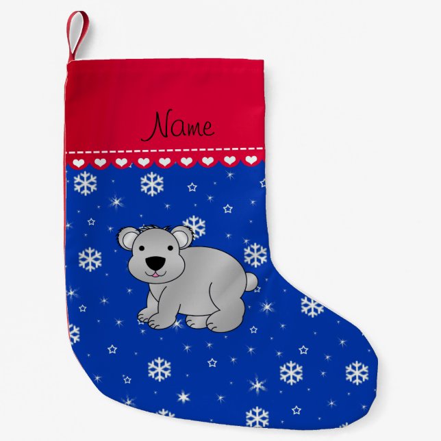 Personalized name gray koala blue snowflakes small christmas stocking (Front)