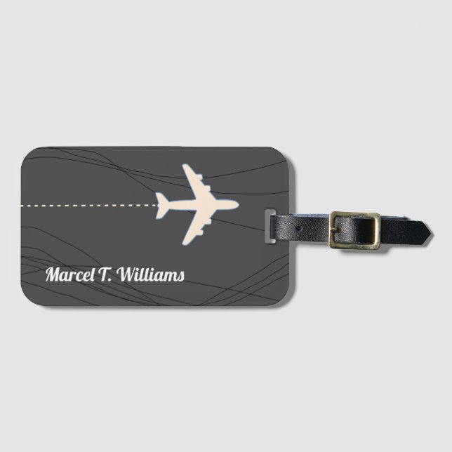 personalized name gray travel airplane luggage tag (Front Horizontal)