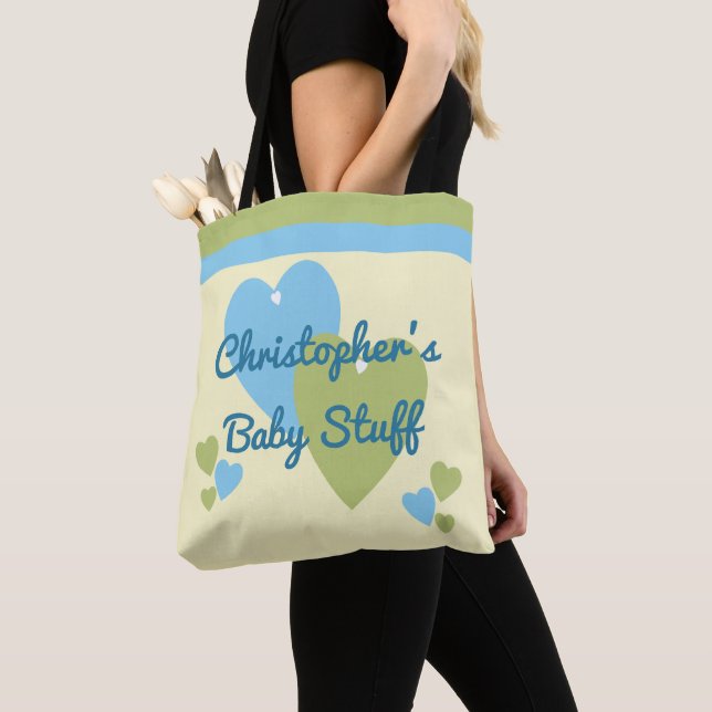 Personalized name green and blue baby toys tote bag (Close Up)