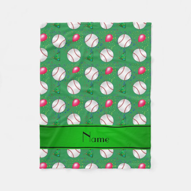Personalized name green baseball birthday fleece blanket (Front)