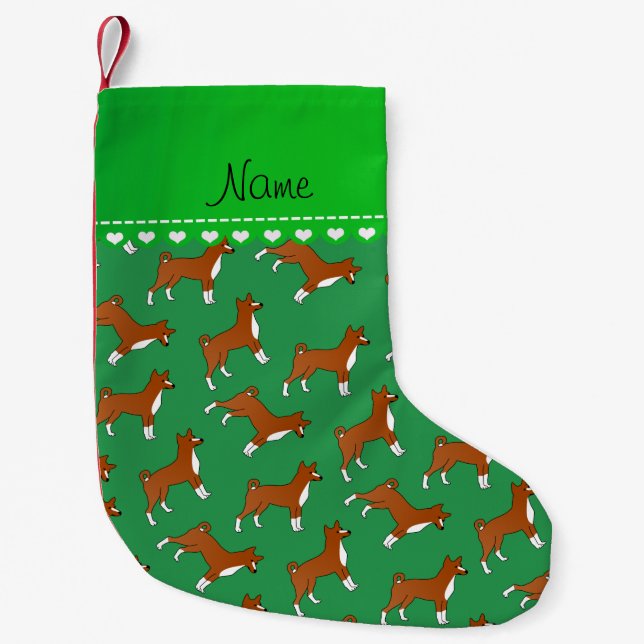 Personalized name green basenji dogs small christmas stocking (Front)
