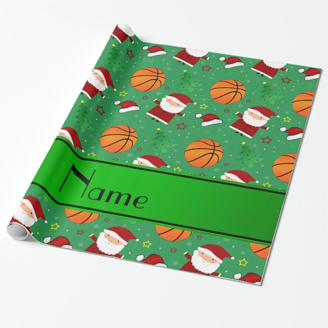 Personalized name green basketball christmas wrapping paper (Unrolled)