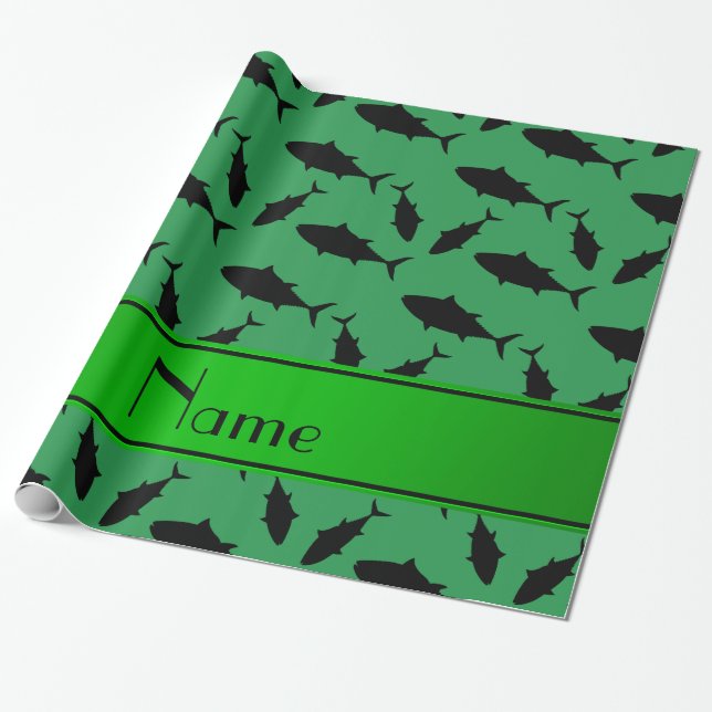 Personalized name green black bluefin tuna pattern wrapping paper (Unrolled)