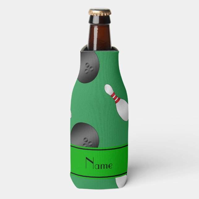 Personalized name green bowling balls pins bottle cooler (Bottle Front)