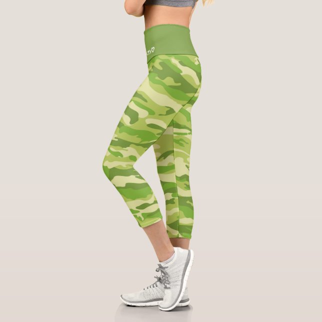 Personalized Name Green Camouflage Pattern Capri Leggings (Left)
