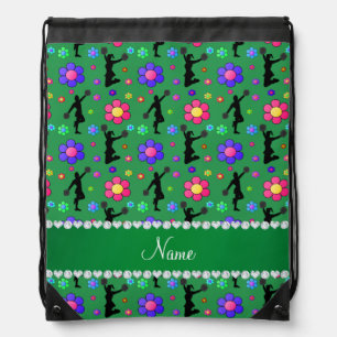 Personalized name green cheerleading flowers drawstring bag