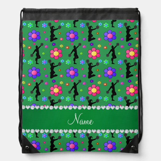 Personalized name green cheerleading flowers drawstring bag (Front)