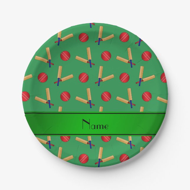 Personalized name green cricket pattern paper plates (Front)
