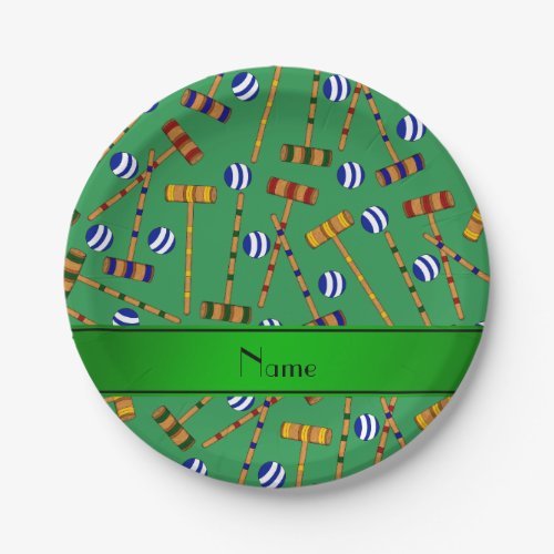Personalized name green croquet pattern paper plates