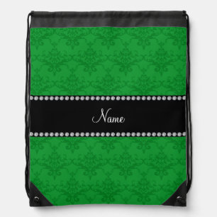 Personalized name Green damask Drawstring Bag