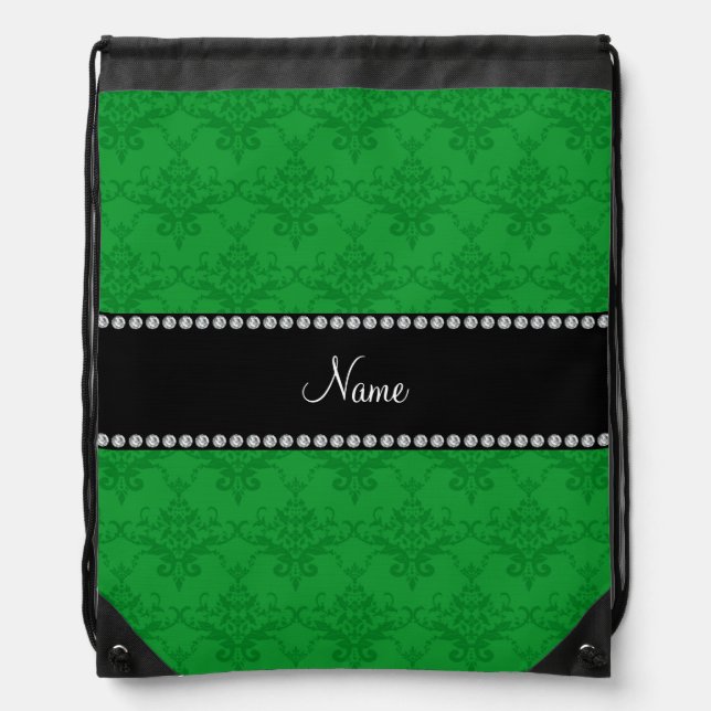 Personalized name Green damask Drawstring Bag (Front)