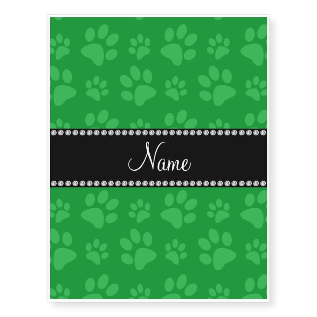 Personalized name green dog paw prints temporary tattoos (Front)