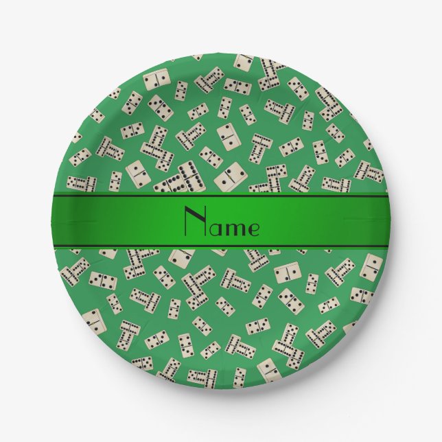 Personalized name green dominos paper plates (Front)