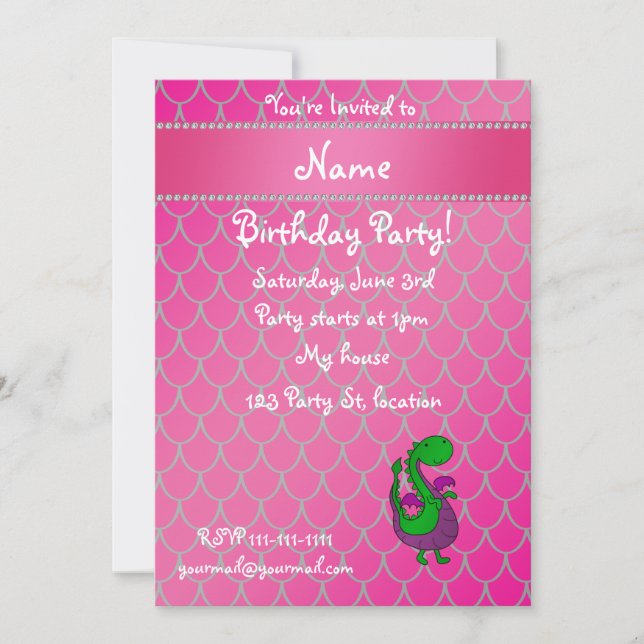 Personalized name green dragon pink scales invitation (Front)