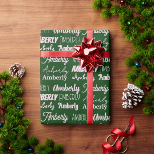 Personalized Name Green Font Collage Christmas Wrapping Paper