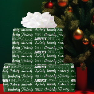 Personalized Name Green Font Collage Christmas Wrapping Paper