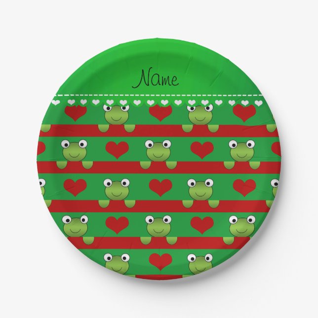 Personalized name green frogs red hearts stripes paper plates (Front)
