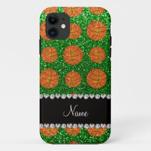 Personalized name green glitter basketballs iPhone 11 case