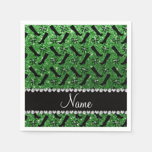 Personalized name green glitter boots bows napkins (Front)
