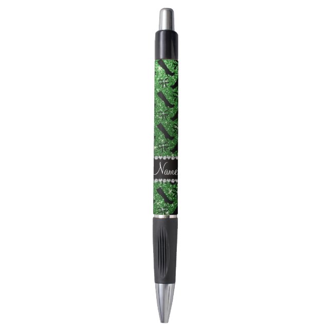 Personalized name green glitter boots bows pen (Front Vertical)