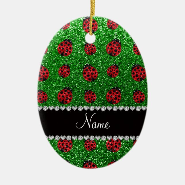 Personalized name green glitter ladybug ceramic ornament (Front)