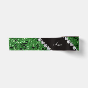 Personalized name green glitter music notes satin ribbon