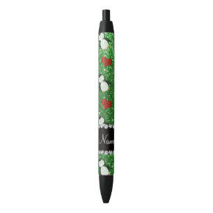 Personalized name green glitter penguins hearts pen