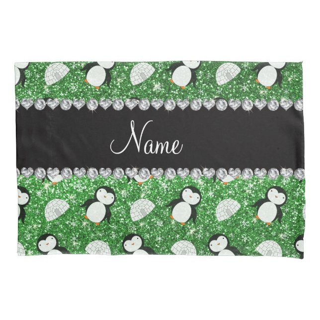 Personalized name green glitter penguins igloos pillow case (Front)