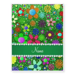 Personalized name green glitter retro flowers temporary tattoos