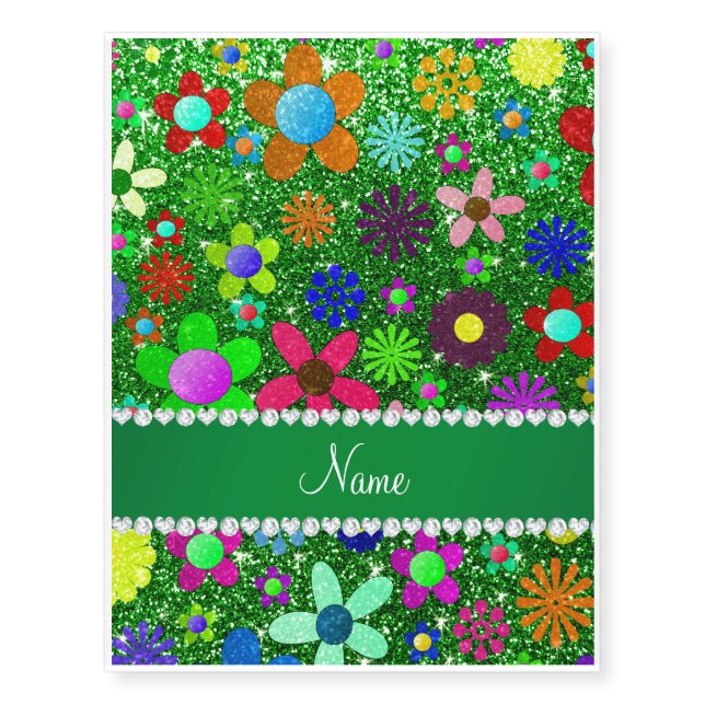 Personalized name green glitter retro flowers temporary tattoos (Front)