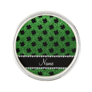 Personalized name green glitter shamrocks lapel pin