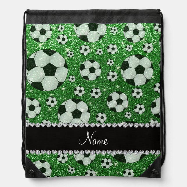 Personalized name green glitter soccer balls drawstring bag (Front)