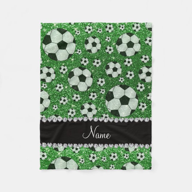 Personalized name green glitter soccer balls fleece blanket (Front)