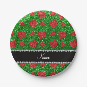 Personalized name green glitter strawberry paper plates