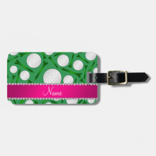 Personalized name green golf ball tees pink stripe luggage tag