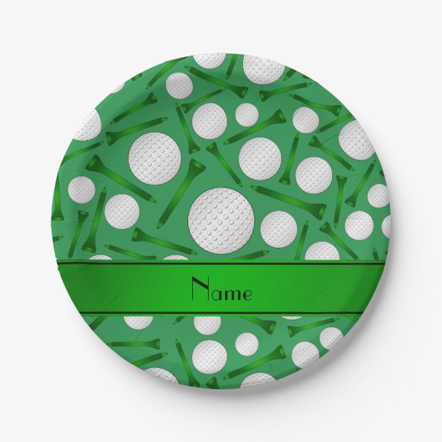 Personalized name green golf balls tees paper plates (Front)