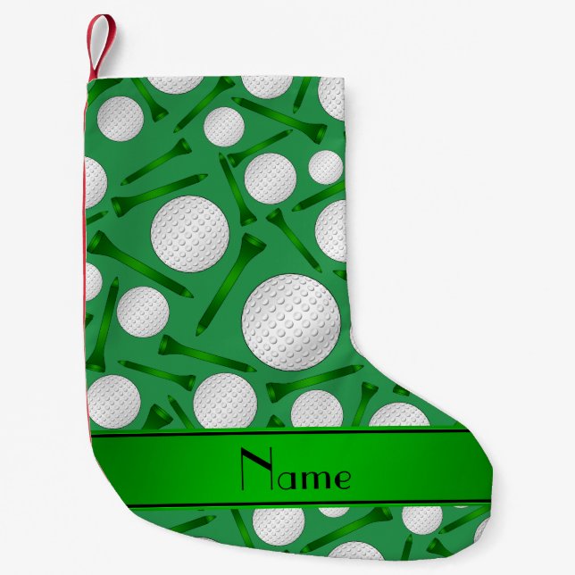 Personalized name green golf balls tees small christmas stocking (Front)