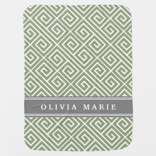 Personalized Name Green Greek Key Pattern Baby Blanket