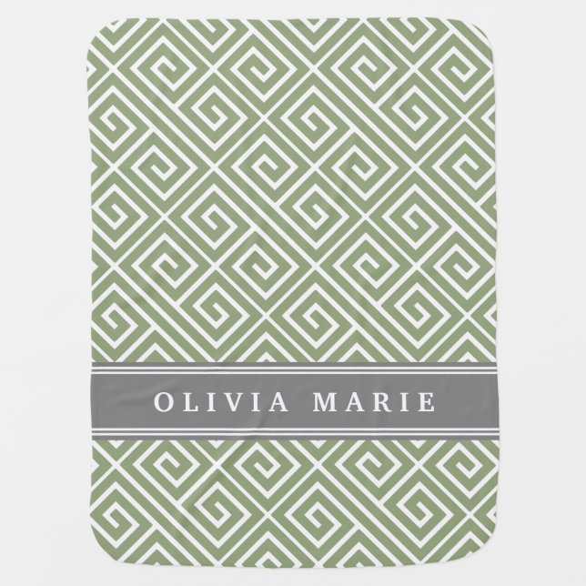 Personalized Name Green Greek Key Pattern Baby Blanket (Front)