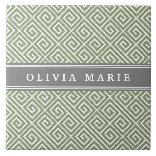 Personalized Name Green Greek Key Pattern Ceramic Tile