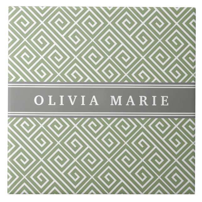 Personalized Name Green Greek Key Pattern Ceramic Tile (Front)